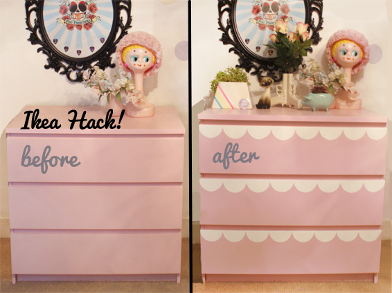 ikea hack how to paint furniture chest of drawers cabinet laminate wood mdf bedroom upcycle recycle indie home decor deco handmade craft ideas inspiration scallop design